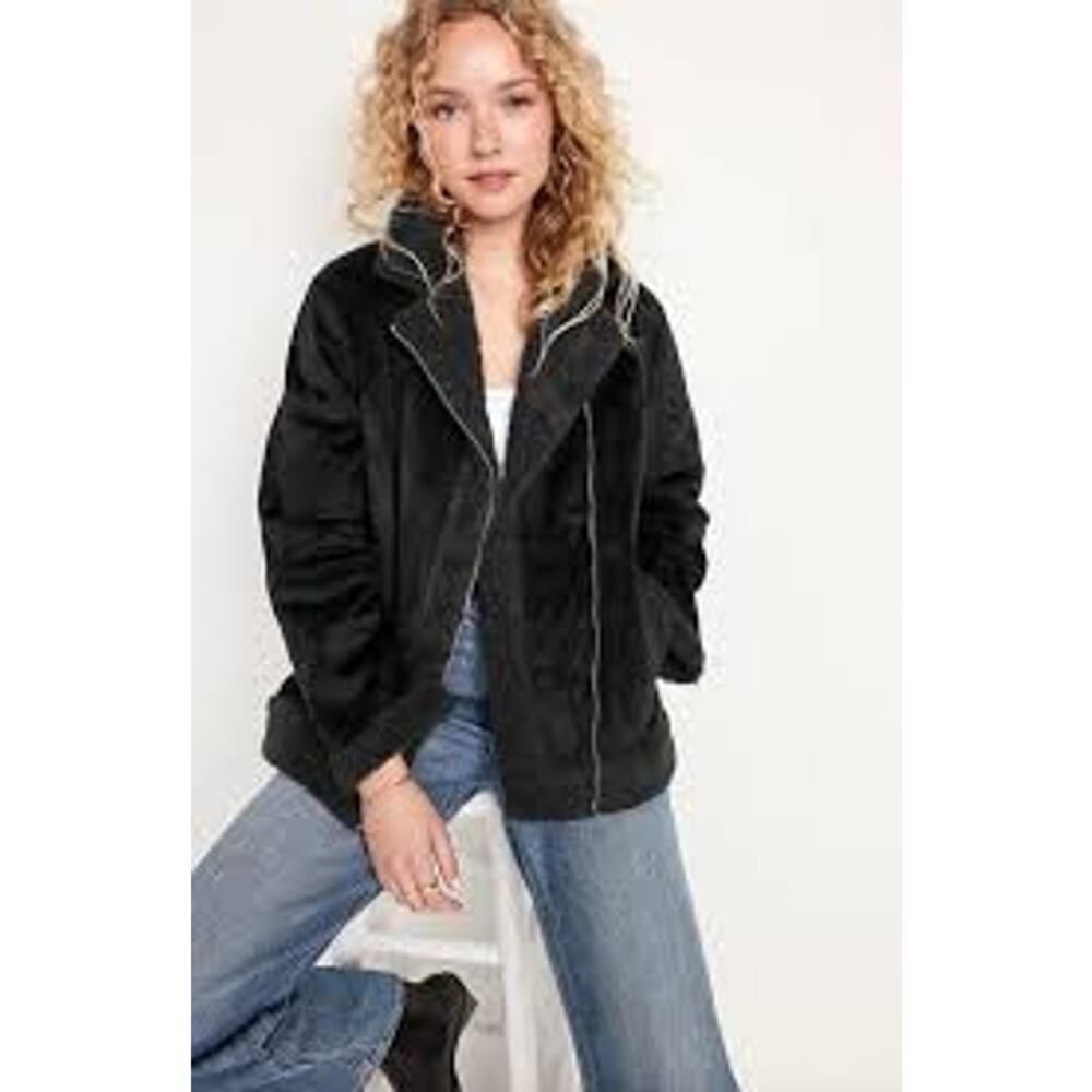 Old Navy Obsidian Vegan Suede/Sherpa Lined Zip Front Moto Jacket Women's Size M